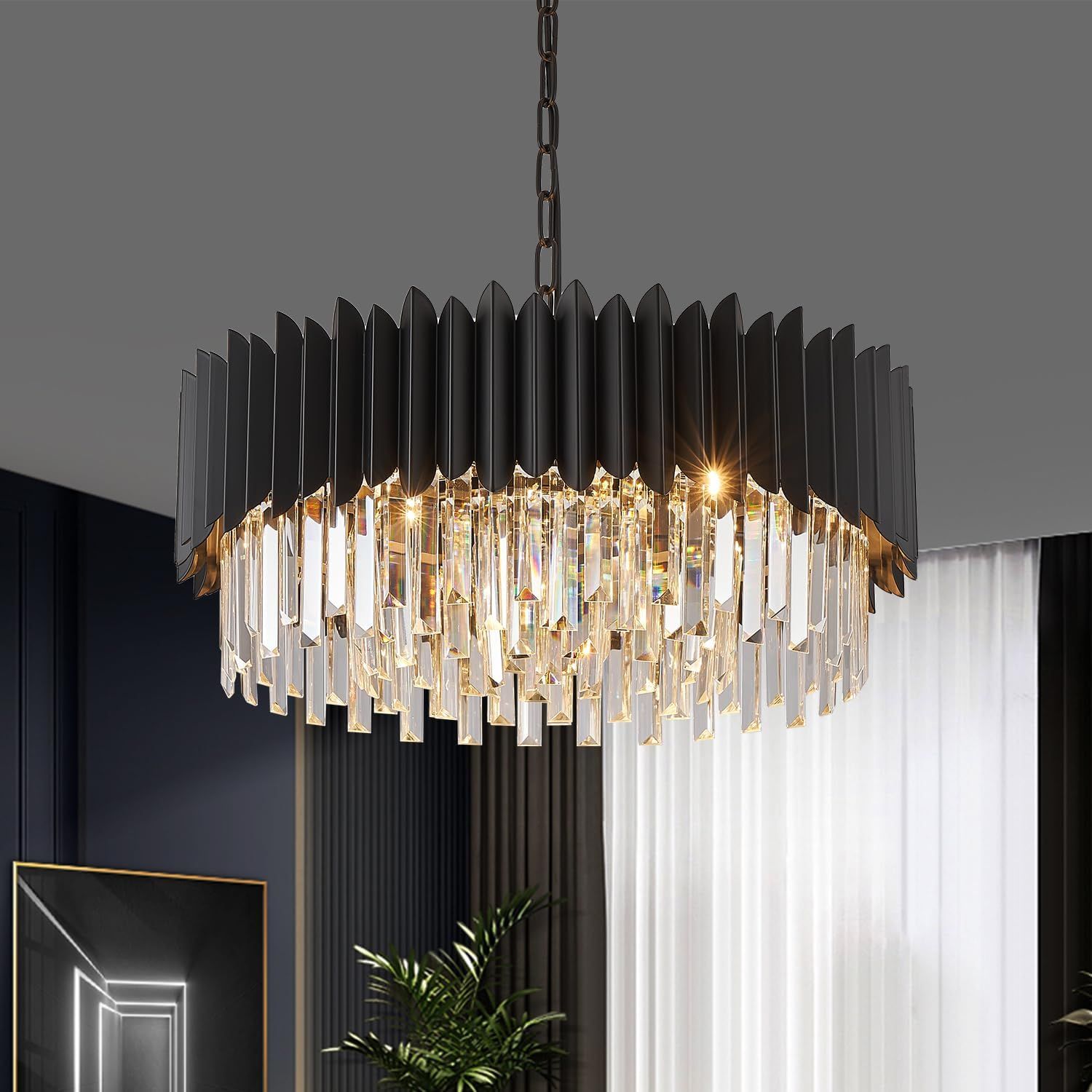 10-Light 3-Tier Modern Large Crystal Chandelier Black Metal E12 Semi Flush Mount Round Ceiling Li... | Amazon (US)