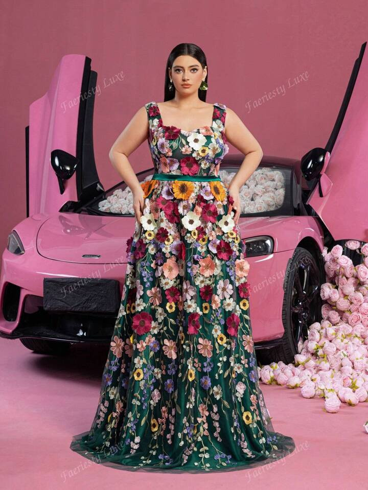 Faeriesty Plus Gorgeous Square Collar Floral Applique Embroidered Prom Dress, Party Dress, Wedding Guest Dress | SHEIN