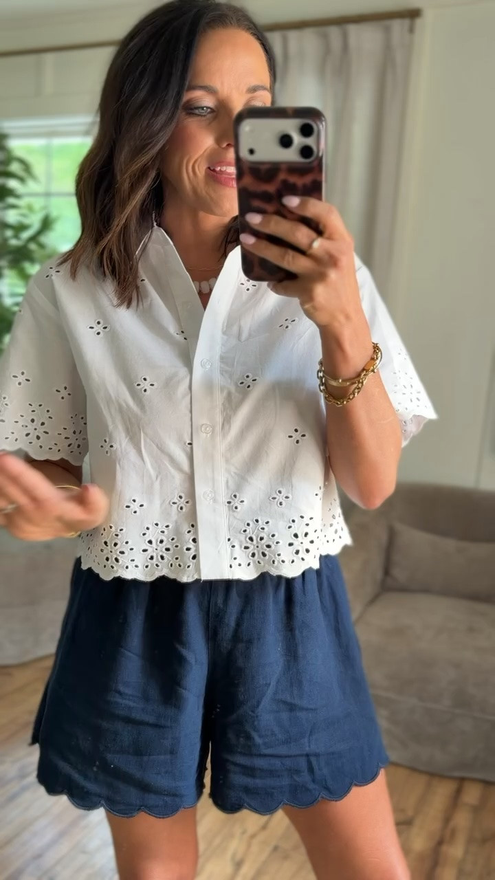 This outfit is such a cute elevated everyday look 🤍 The eyelet top gives it that expensive boutique feel while still being super lightweight and comfy for summer. And these scalloped shorts are SO flattering and easy to throw on with literally anything. 

I love outfits like this because they feel put together without even trying. Perfect for errands, lunch dates, vacation, church, or just everyday summer wear ☀️ Walmart has seriously had some amazing finds lately. 

Size XS, 5’3 for reference