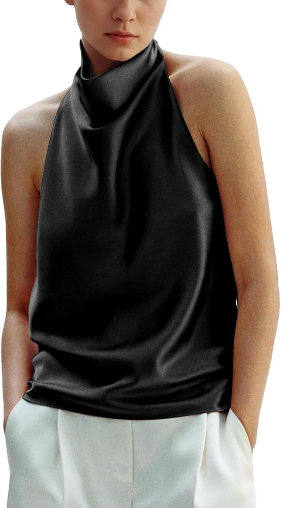 Women's Silk Satin Tank Tops Halter Draped Front Sexy Backless Womens Summer Tops Elegant Camisol... | Amazon (US)