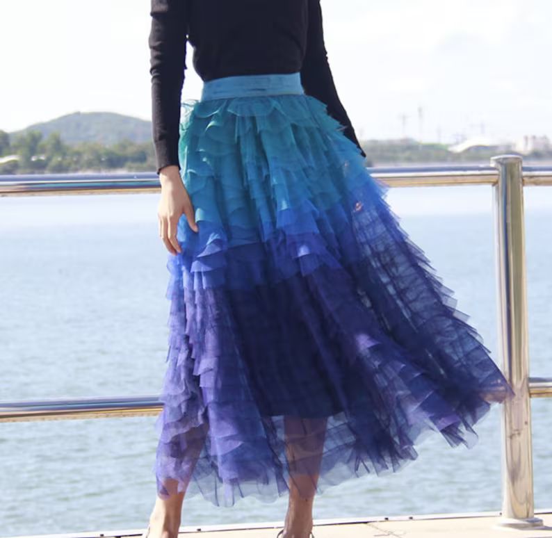 Blue Petal Tulle Long Skirtladies Gradient Stretch High Waist | Etsy | Etsy (US)