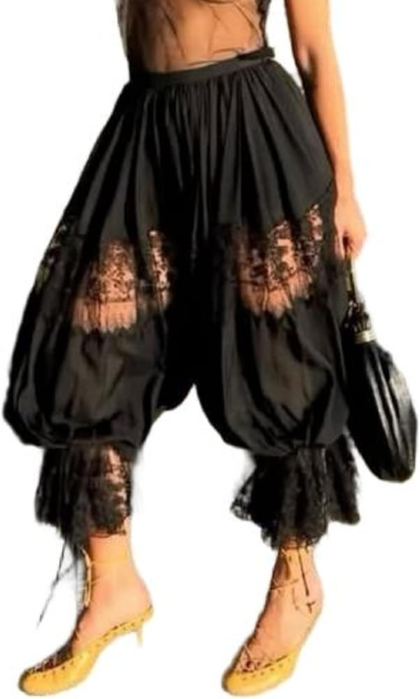 UAURORAO Women Lace Trim Long Bloomers Elastic Mid Rise Ruffle Pantaloons Cropped Flared Slips Pa... | Amazon (US)