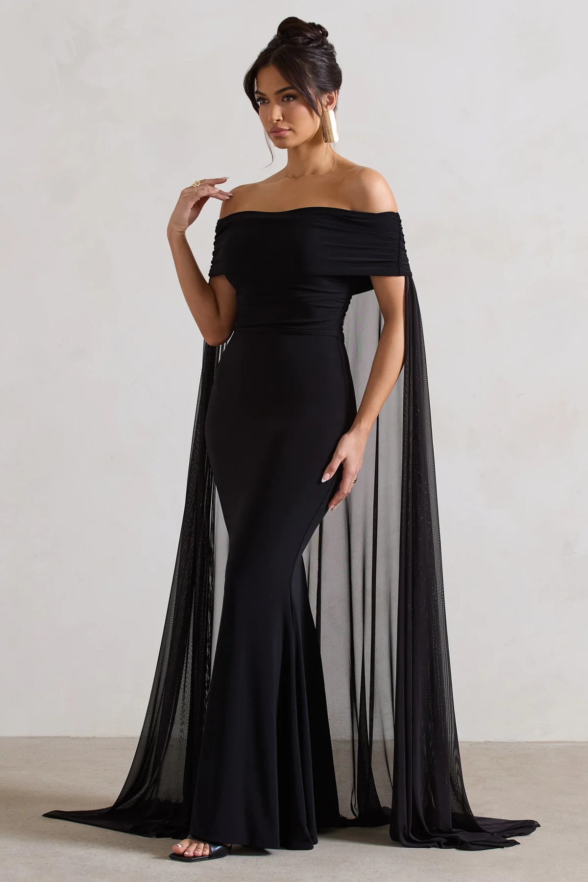 Carlotta | Black Bardot Maxi Dress With Chiffon Cape | Club L London