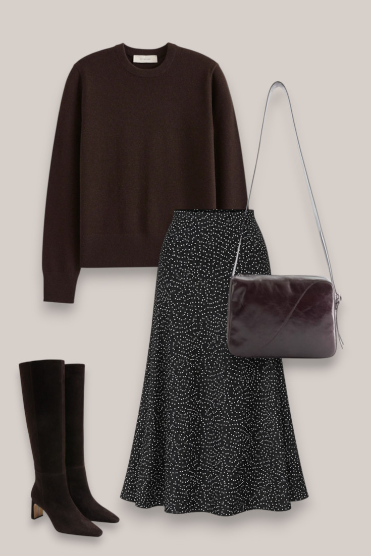 An easy winter outfit when you want something a little dressier without actually dressing up. A polka dot printed satin midi skirt with a chocolate knit, tall brown boots and matching shoulder bag keeps the whole look simple and wearable. 

 #LTKdatenight #LTKover50style #LTKstyletip
