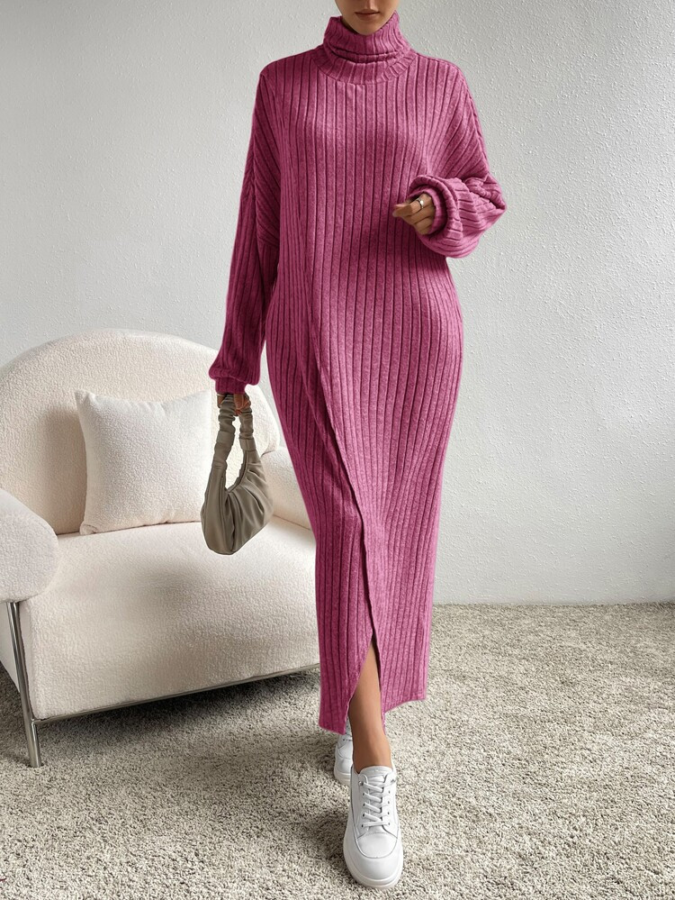 SHEIN EZwear Turtleneck Drop Shoulder Split Hem Dress | SHEIN