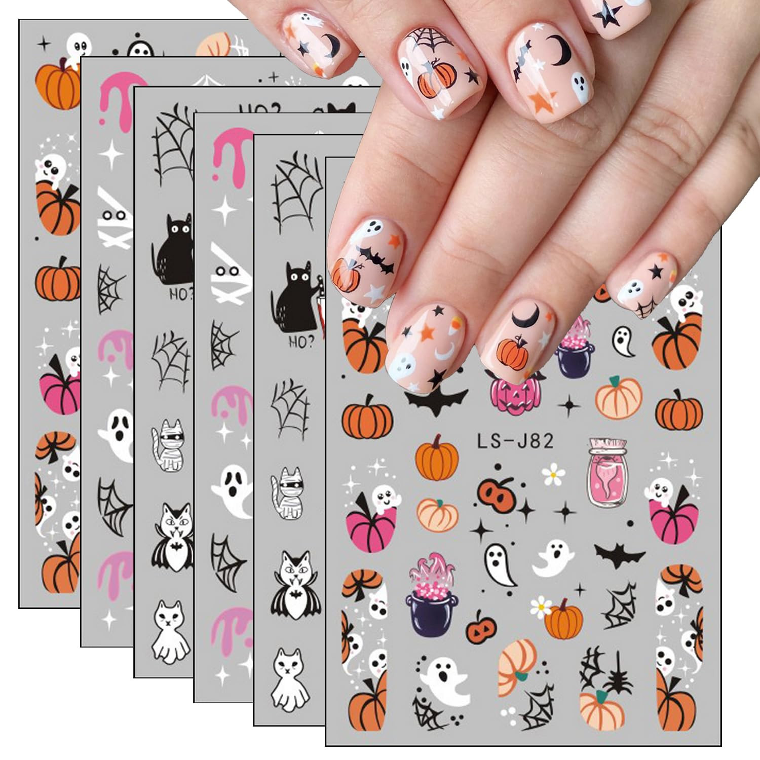 Halloween Nail Art Stickers Cute Ghost Pumpkin 3D Self-Adhesive Nail Decals Bat Cat Skull Designs... | Amazon (US)