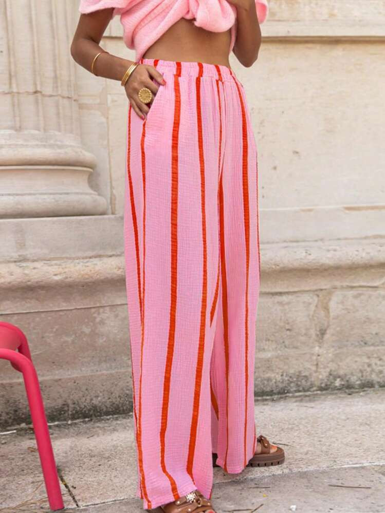 Striped Polyester Pockets Faux Drawstring Long Pants, Suitable For Everyday, Holidays, Evenings, ... | SHEIN