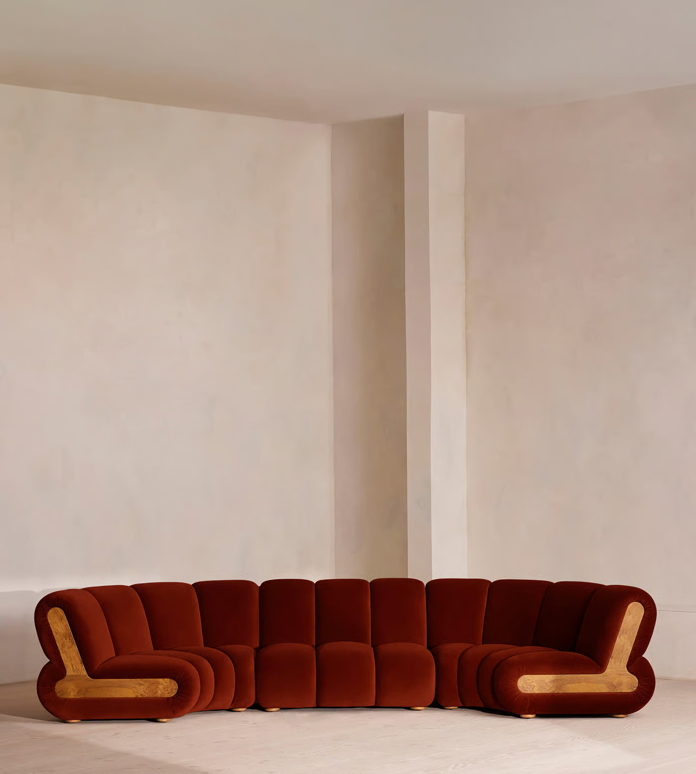 Noelle Sectional Curved Sofa, Six Seater, Velvet Rust, US | Soho Home Ltd