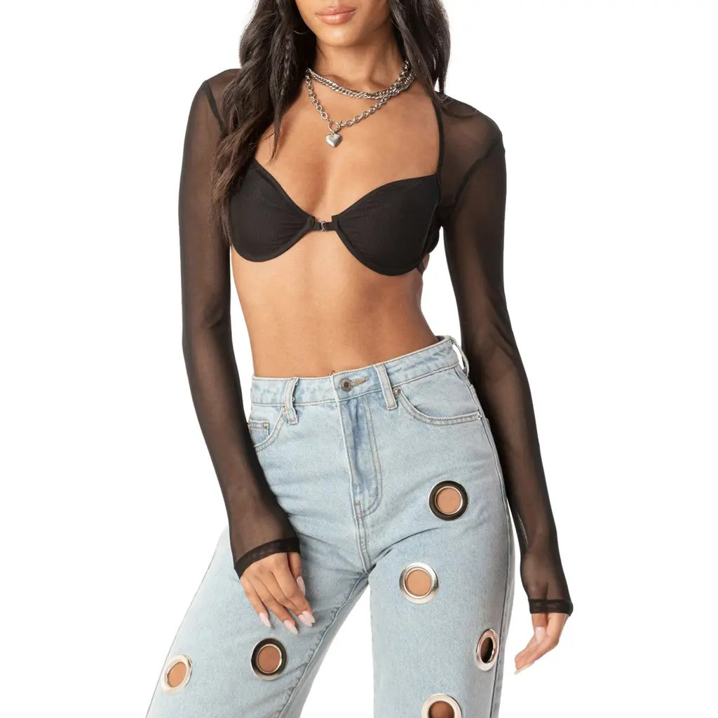 EDIKTED Lin Mesh Long Sleeve Bra Top in Black at Nordstrom, Size Large | Nordstrom