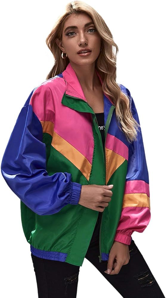 SweatyRocks Women's Zip Up Color Block Lightweight Jacket Patchwork Sport Windbreaker Jacket Coat Ou | Amazon (US)