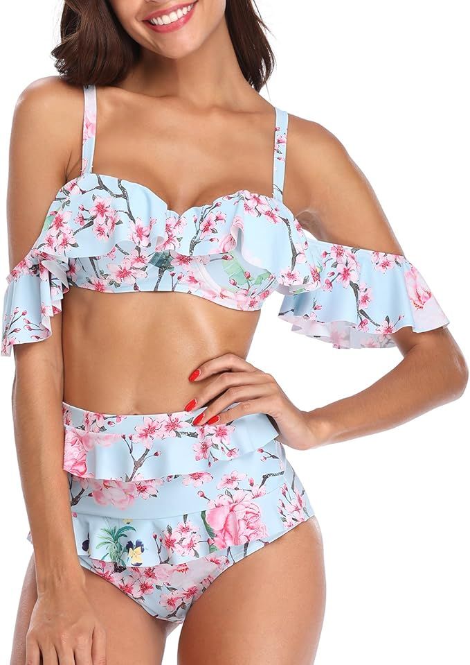 Tempt Me Women Two Piece Ruffled Swimsuit Floral Print Off-Shoulder Bikini Set | Amazon (US)