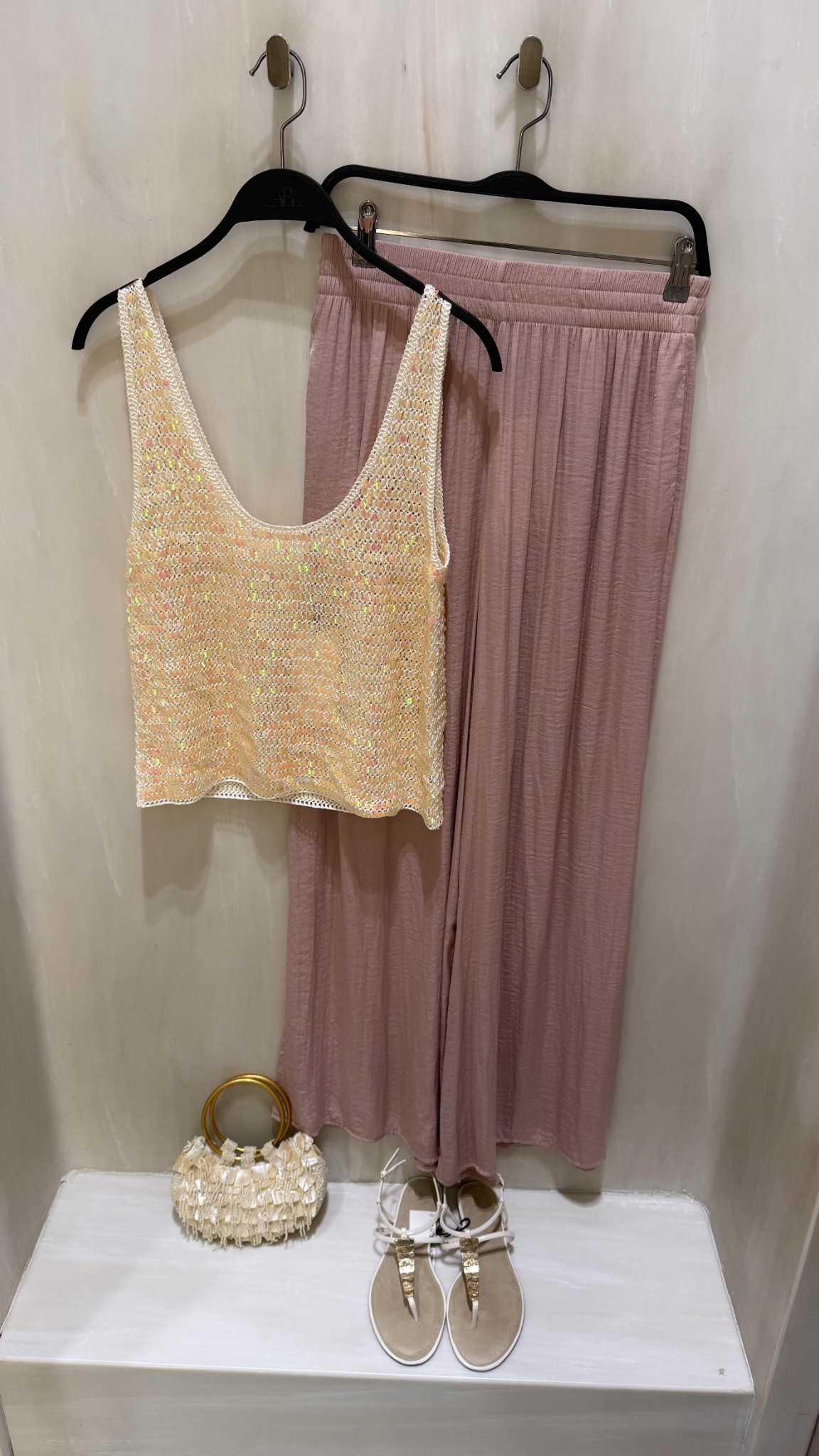 GOLDEN HOUR OUTFIT✨
Tags: new in Zara embellished top shimmery trousers wide leg bag pearlescent holiday vacation sandals white neutral fashion inspo outfit ideas chic women’s style summer date night

#LTKstyletip #LTKsummer #LTKdatenight