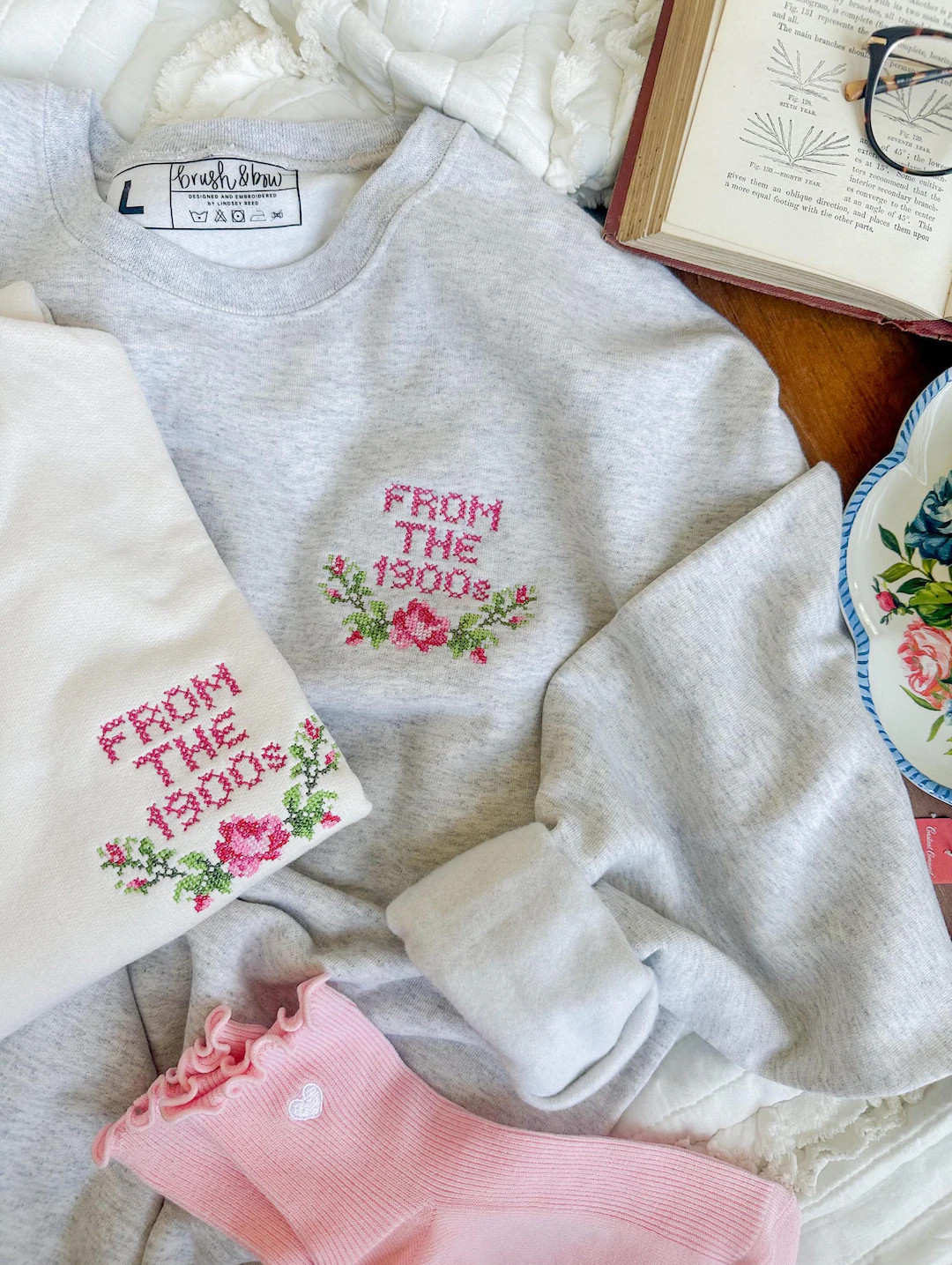 From the 1900s Vintage Cross Stitch Inspired Embroidered Floral Sweatshirt X Spring Dusty Roses X... | Etsy (Global)