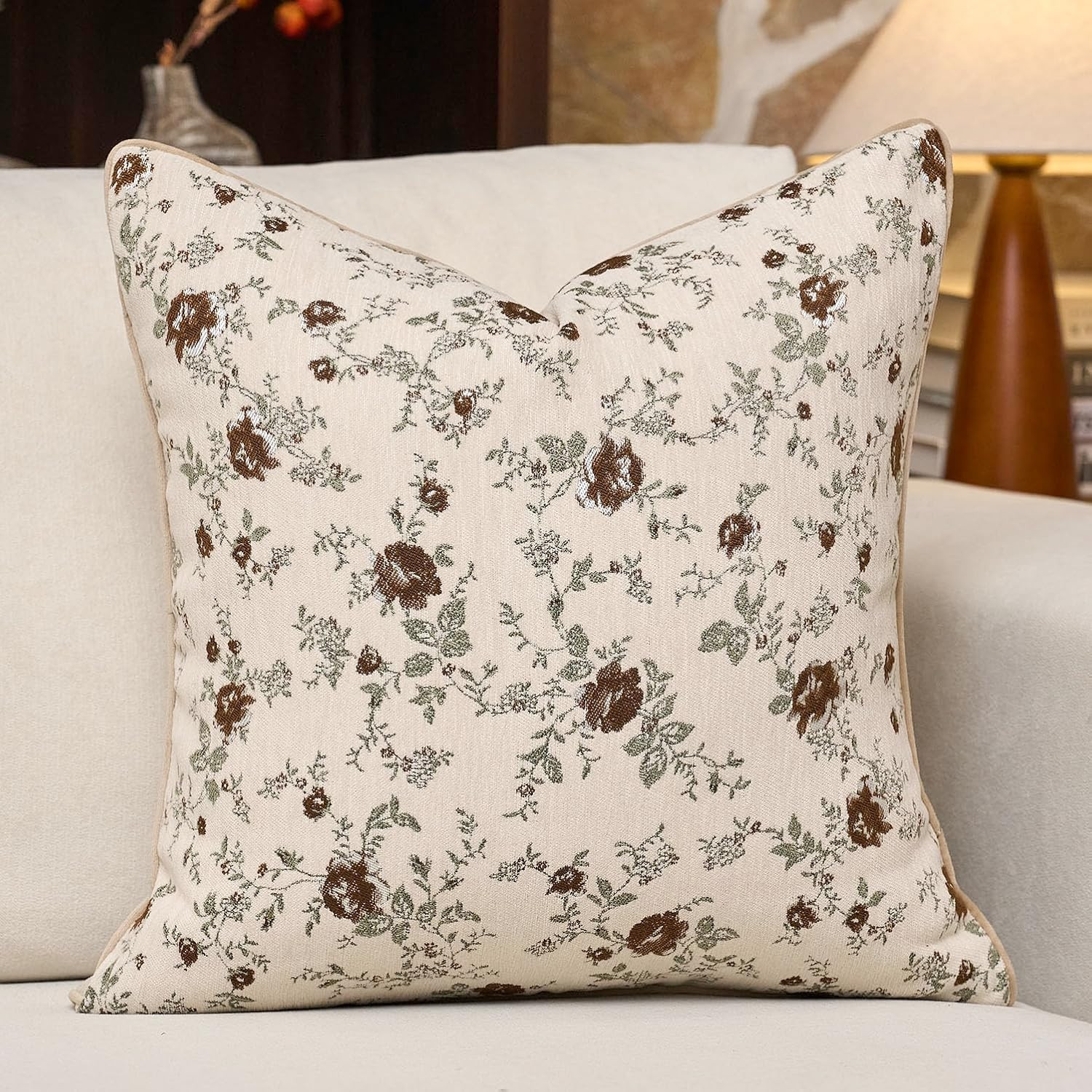 Spring Flower Throw Pillow Cover 20x20 Inches Beige Vintage Floral Pillow Cover Farmhouse Summer Cushion Cover Leaf Retro Chenille Pillowcase Home Decor for Sofa Living Room Couch | Amazon (US)