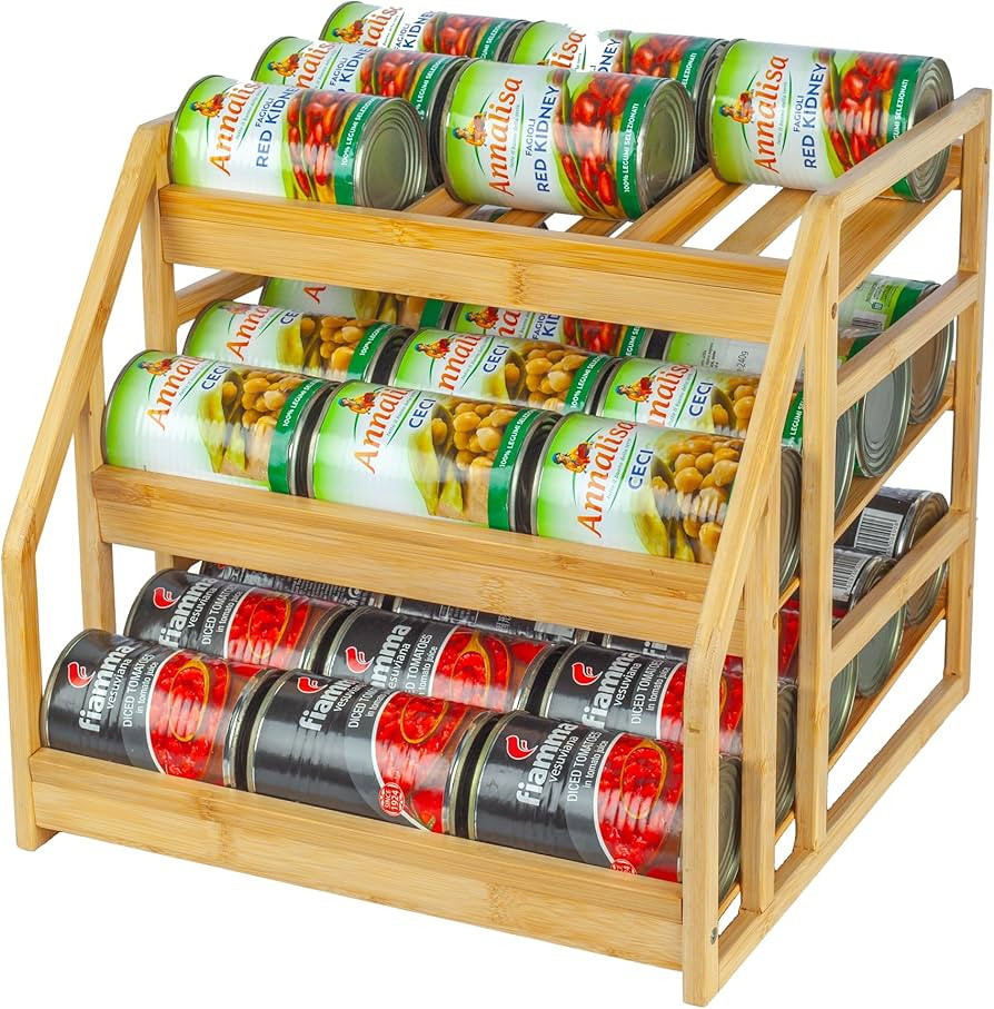 MinBoo Bamboo Can Rack Organizer, Kitchen Pantry Storage, 36 Can Capacity, Tilt Design | Amazon (US)