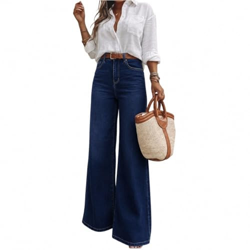 MolyPark Women's High Waisted Wide Leg Jeans Classic 5-Pocket Dark Wash Long Bootcut Denim Pants for Casual Office Work (US, Numeric, 31, Regular, Long, Nightfall Blue) | Amazon (US)