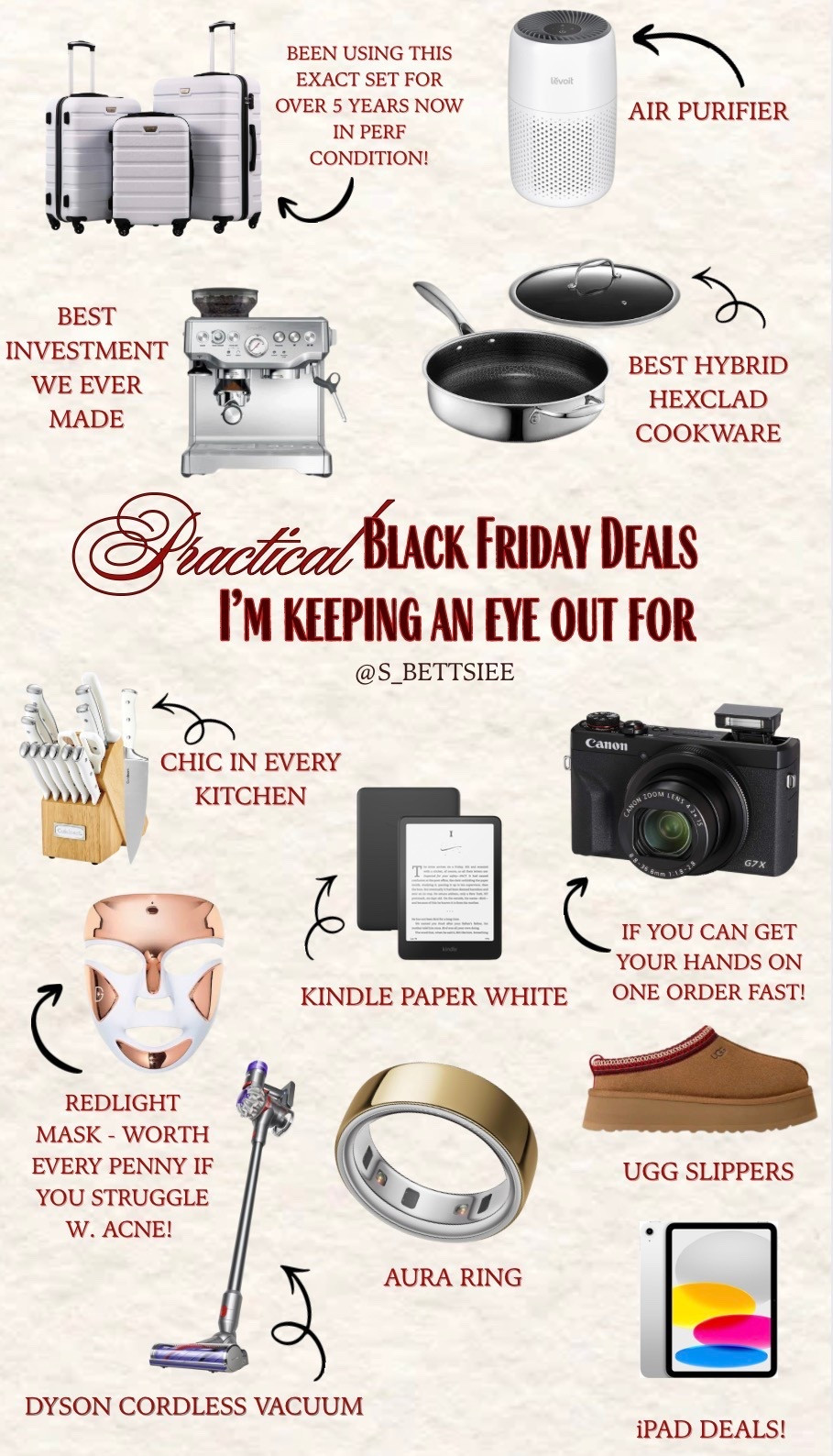 Practical Black Friday deals I’m keeping an eye out for this holiday season #practicalgifts #giftguide #amazongiftguide #redlightmask #cannong7x #breville #suitcases #luggage #airpurifier #dyson #ouraring #cuisinart #hexclad #ipad #kindle 

#LTKHoliday #LTKCyberWeek #LTKGiftGuide