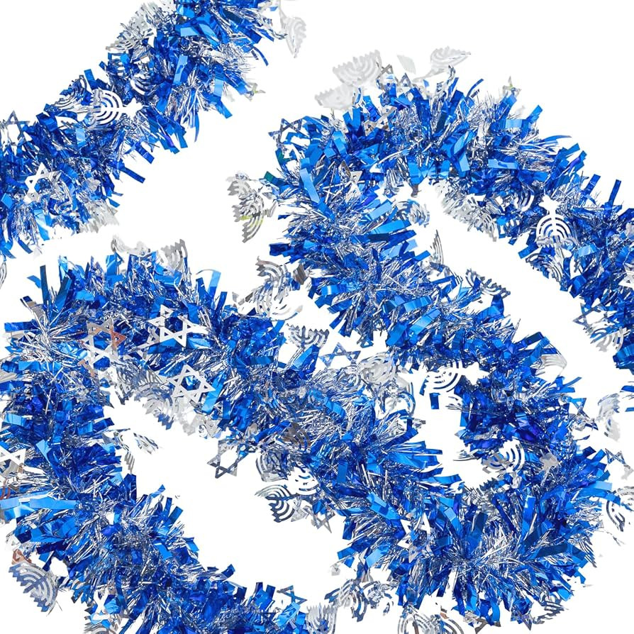 20FT/6M Hanukkah Tinsel Garland，Blue Metallic Twist Foil Tinsel Garland with Silver Menorah and... | Amazon (US)