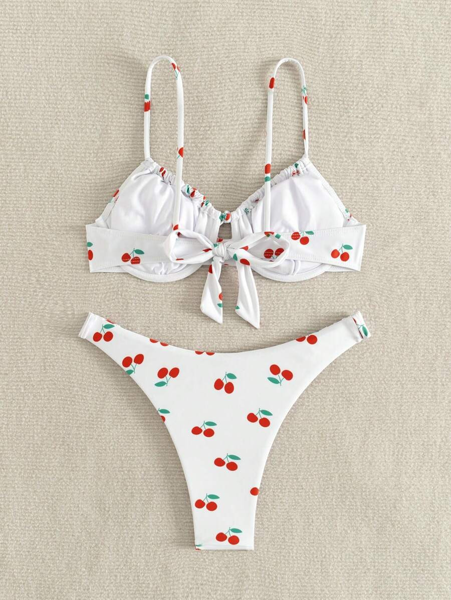 SHEIN Swim Mod Summer Beach Women Cherry Print Knot Front Bikini Set | SHEIN