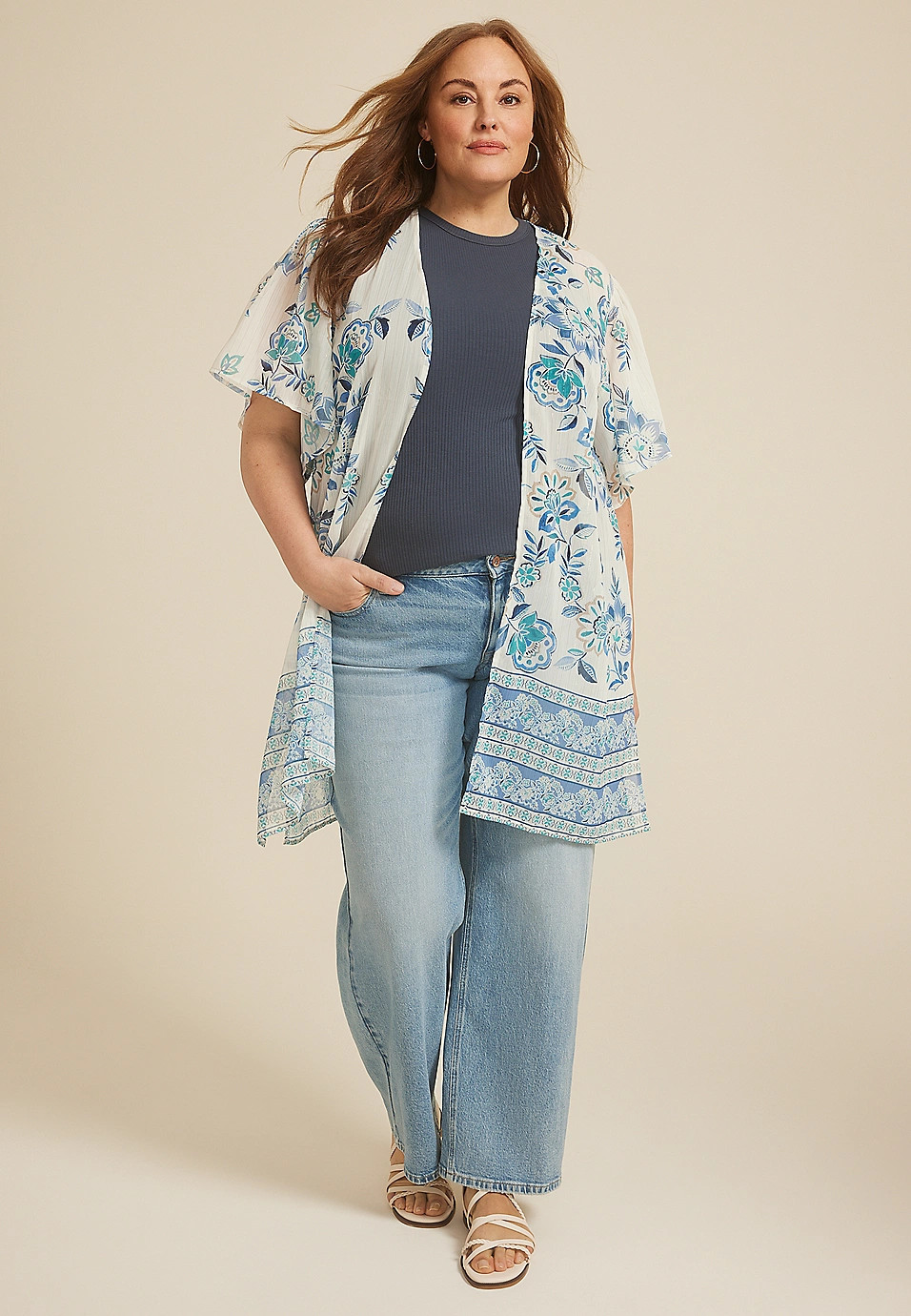 Plus Size Floral Border Kimono | Maurices