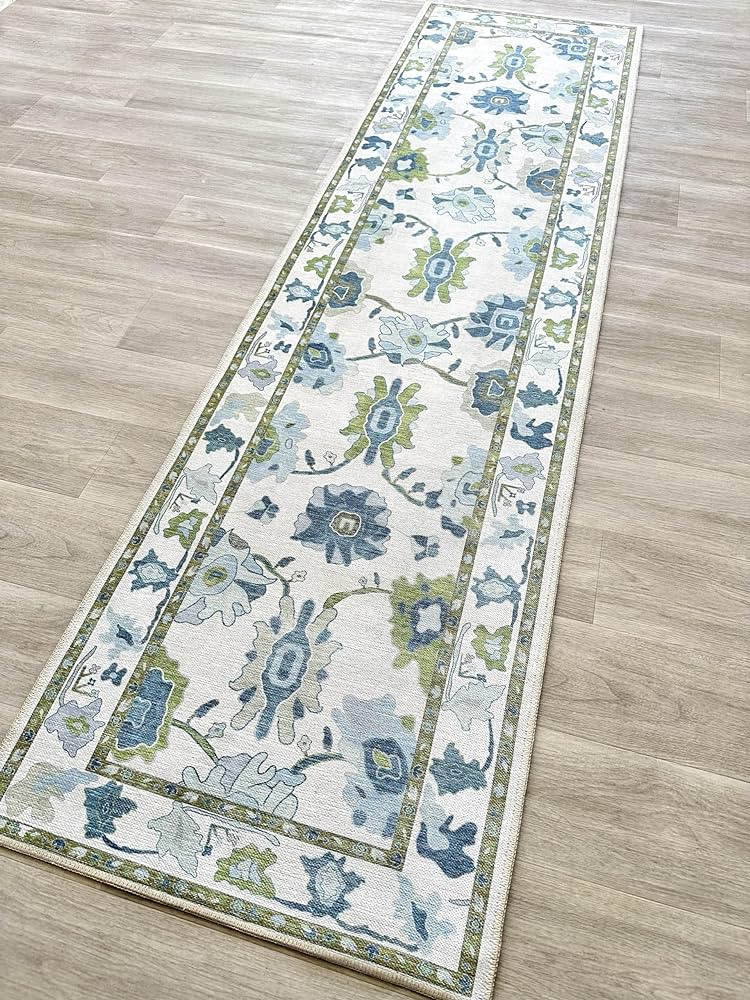 Green Oushak Runner Rug, Modern Runners, Vintage, Turkish, Eclectic, Floral, Pastel, Washable, Ru... | Amazon (US)