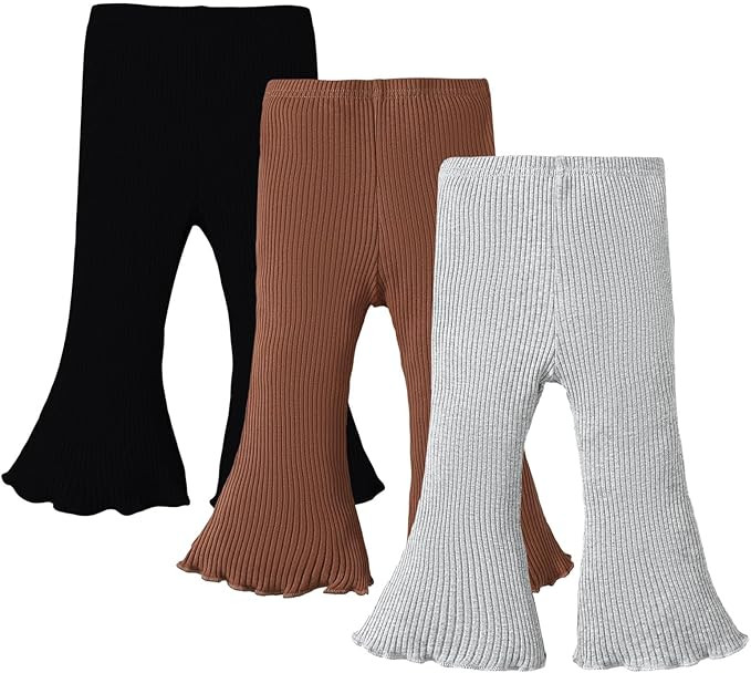 SOBOWO Baby Girl Flare Pants 3 Pack Toddler Solid Ribbed Ruffle Bell Bottoms Pants Trousers Fall ... | Amazon (US)