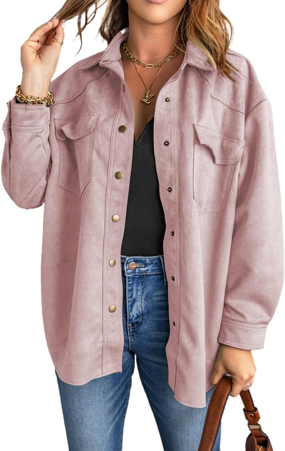 Dokotoo Jackets for Women Button Down Long Sleeve Casual Faux Suede Jacket Coats | Amazon (US)