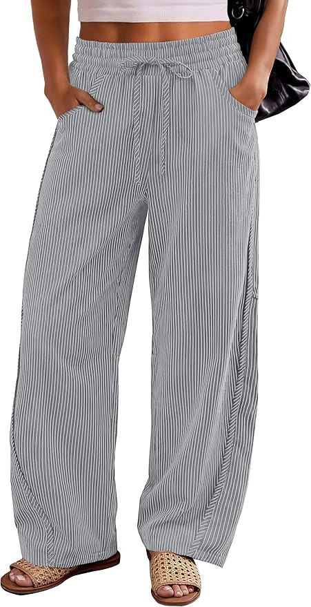 ANRABESS Womens Striped Barrel Casual Pants 2026 Trendy Summer Elastic Drawstring Baggy Lounge Wi... | Amazon (US)