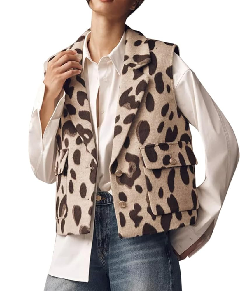 LifeShe Leopard Flannel Vest Women Casual Cheetah Sleeveless Blazer Winter Button Down Jacket wit... | Amazon (US)