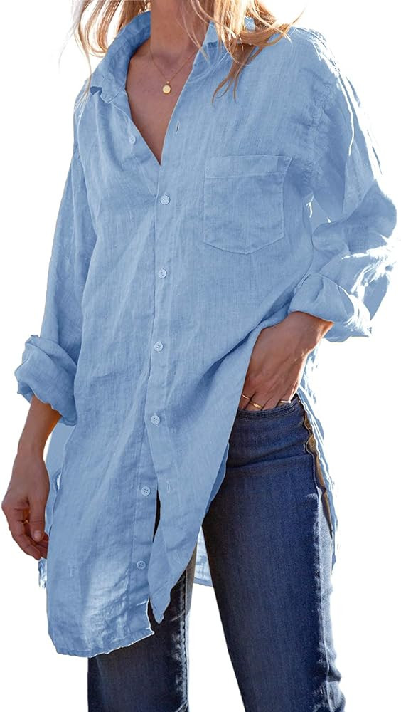 Runcati Womens Button Down Shirts Linen Cotton Long Sleeve Blouse Tunic Tops Cover Up Shirt Loose... | Amazon (US)