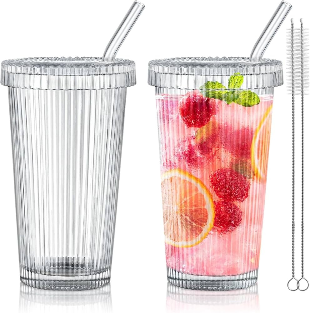 Joeyan Glass Tumbler with Lid and Straw,Clear Ribbed Iced Coffee Cup,Vintage Drinking Jar Glasses... | Amazon (US)
