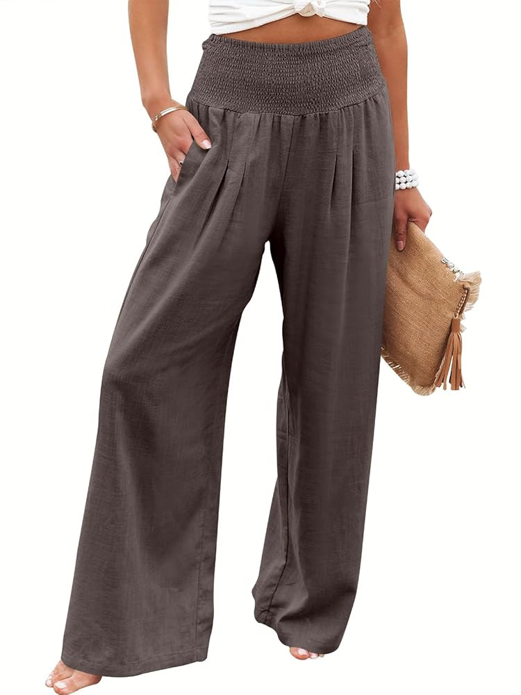 ANRABESS Women Linen Palazzo Pants Summer Boho Wide Leg High Waist Casual Lounge Pant 2025 Beach ... | Amazon (US)