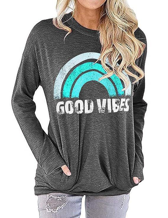 OUNAR Women Good Vibes Sweatshirt Long Sleeve Shirt Comfy Blouse Rainbow Graphic Casual | Amazon (US)