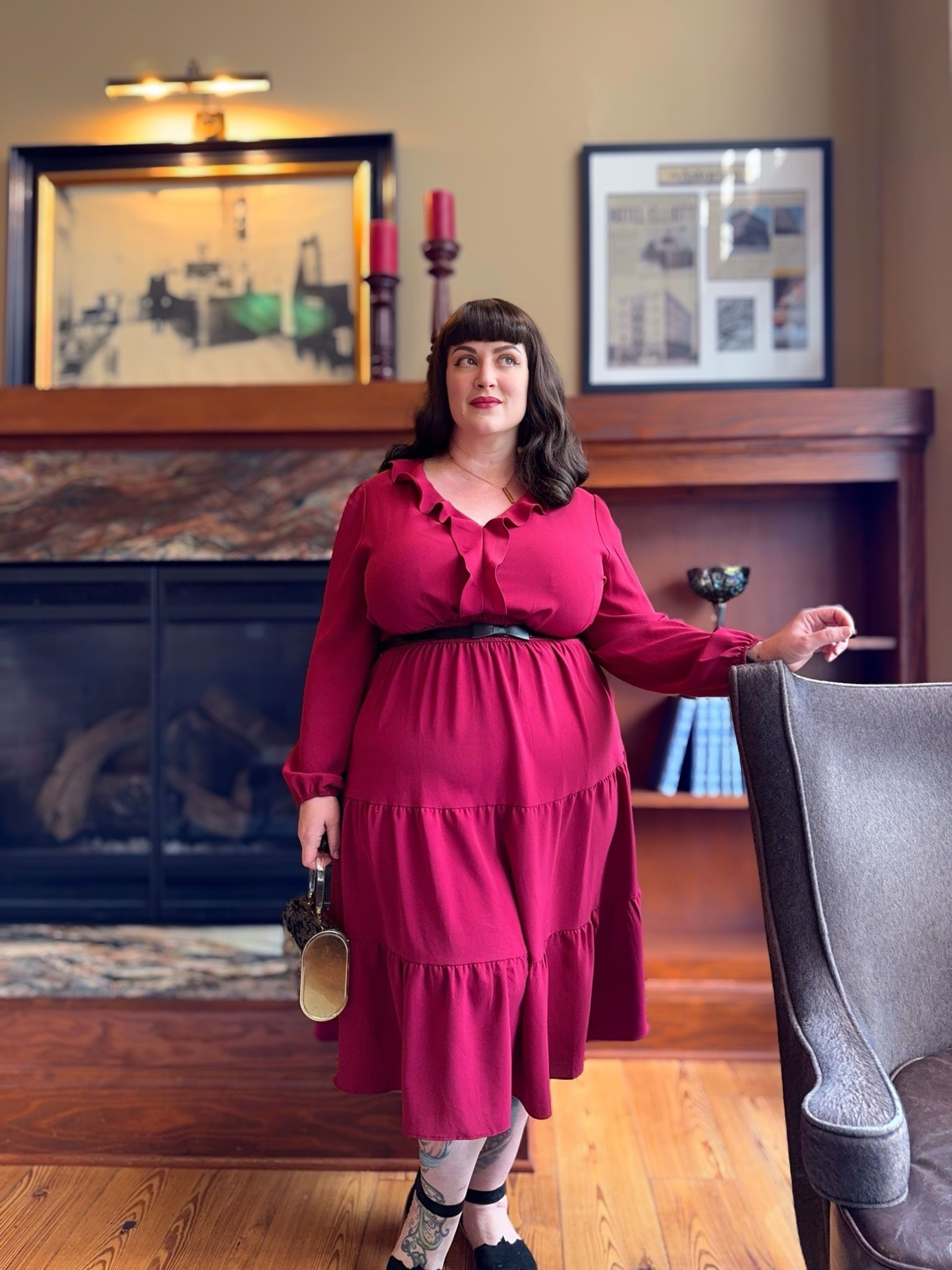 Wine red dress with long sleeves and ruffle v-neck detail 

#LTKPlusSize #LTKOver40 #LTKFindsUnder50