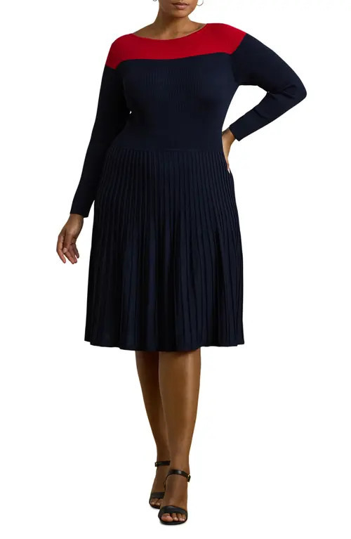 Lauren Ralph Lauren Colorblock Long Sleeve Sweater Dress in Lauren Navy/Festive Red at Nordstrom, Size 2 X | Nordstrom