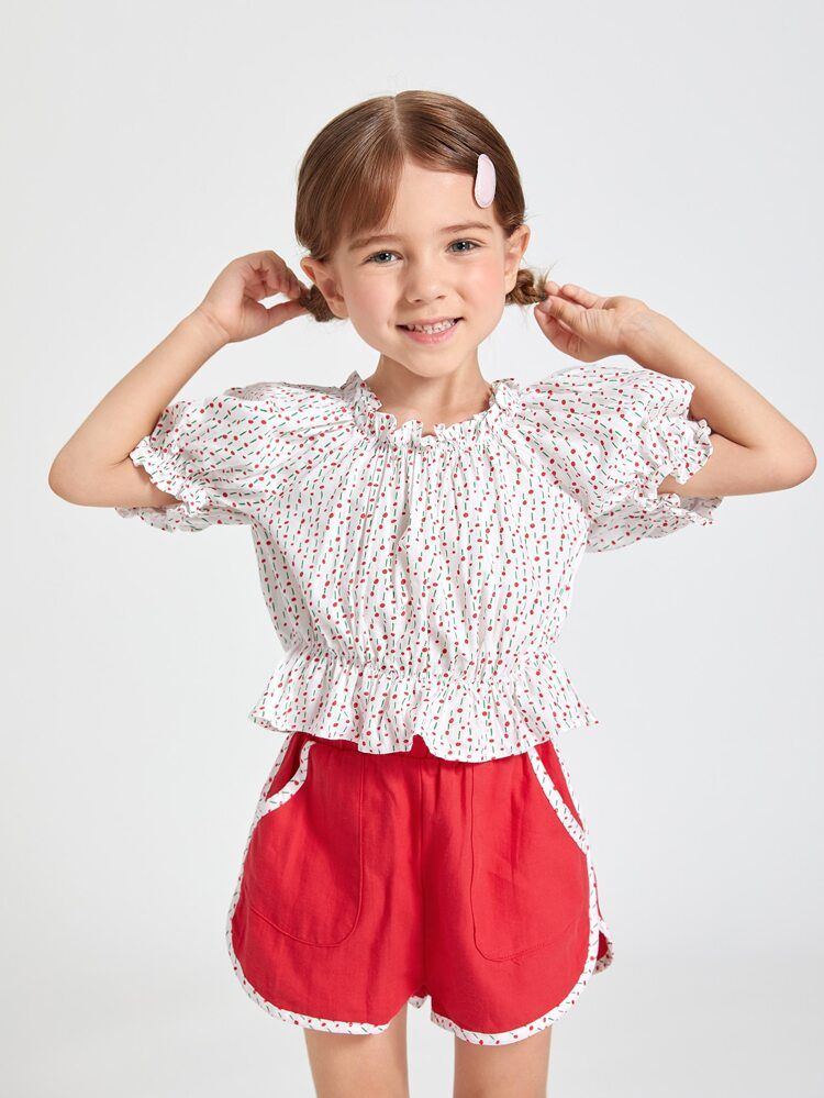 SHEIN Toddler Girls Polka Dot Ruffle Trim Peplum Top & Shorts Set | SHEIN