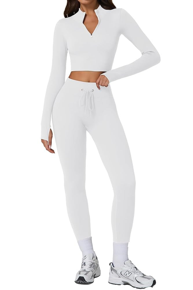 QINSEN Workout Sets for Women 2 Piece Seamless Long Sleeve Crop Tops Ribbed High Waist Leggings | Amazon (US)