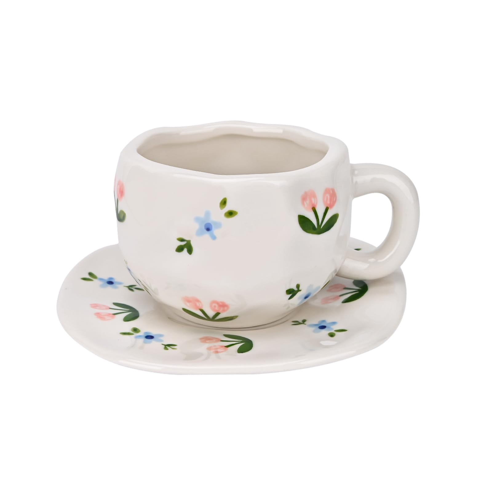 Koythin Ceramic Coffee Mug with Saucer Set, Cute Creative Pink and Blue Floral Cup Unique Irregul... | Amazon (CA)