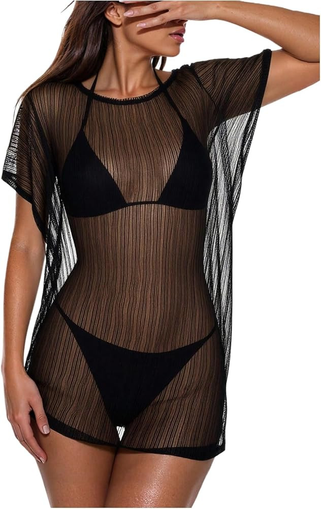 SweatyRocks Women's Sheer Mesh Cover Ups Short Sleeve Crew Neck Bathing Suits See Through Swimwea... | Amazon (US)