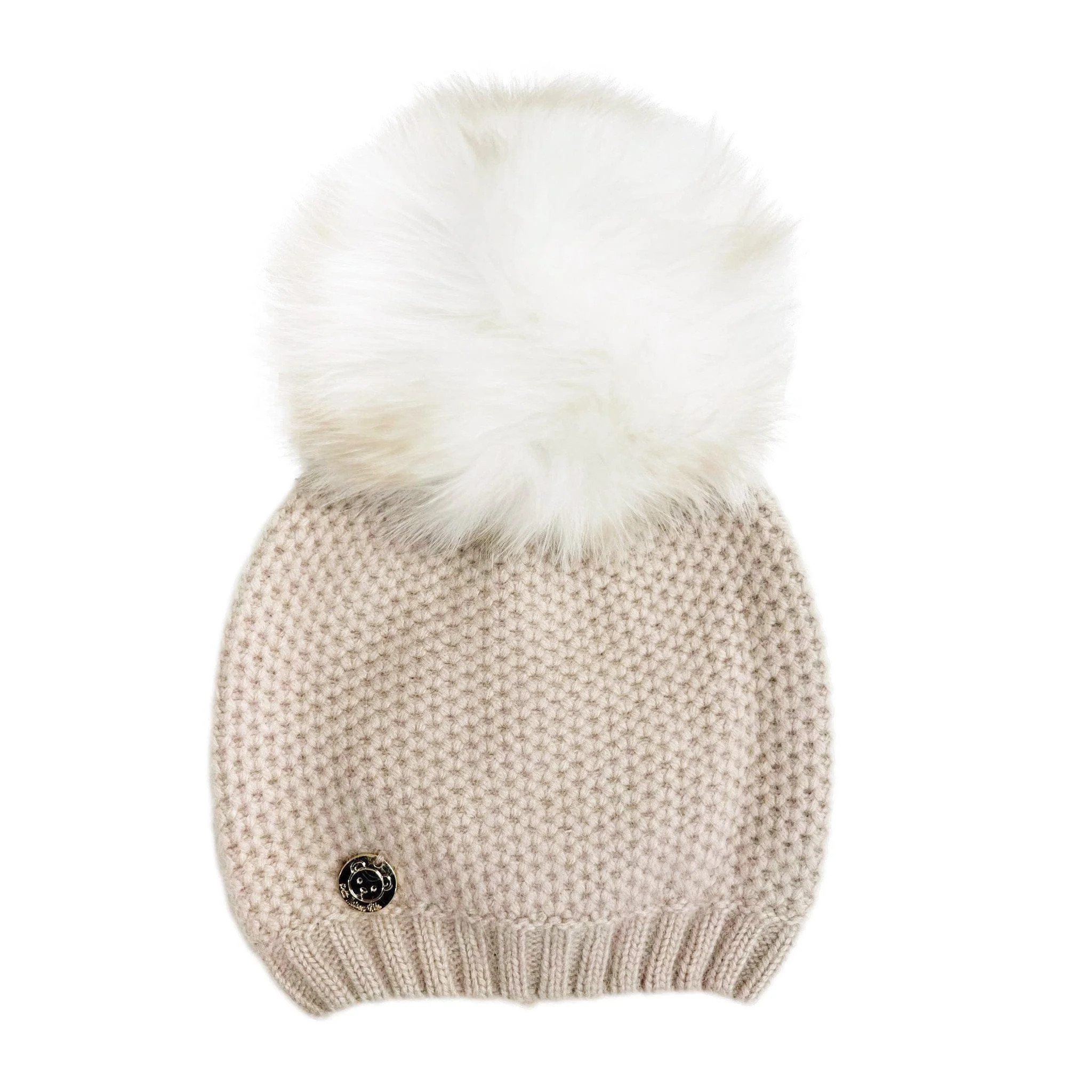 Honeycomb Beige Cashmere Beanie with White Print Pom | petite maison kids