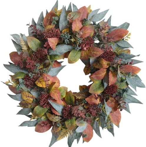 22-inch Fall Front Door Wreath Artificial Green Brown Autumn Leaf Red Thorn Fruit Fall Wreath Far... | Amazon (US)