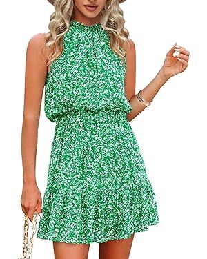 Locryz Summer Dress for Women Casual Floral Sun Dress Sleeveless Halter Neck Dress Swing Pleated ... | Amazon (US)