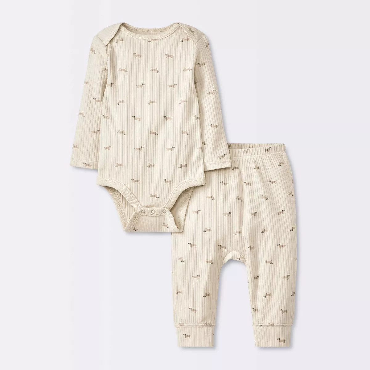 Baby 2pc Weiner Dogs Wide Ribbed Top & Bottom Set - Cloud Island™ Khaki 0-3M | Target