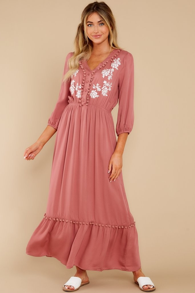 If She Wants It Dark Mauve Embroidered Maxi Dress | Red Dress 