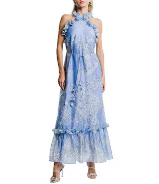CIEBON Bronya Printed Voile Ruffle Halter Neck Sleeveless A-Line Maxi Dress | Dillard's | Dillard's
