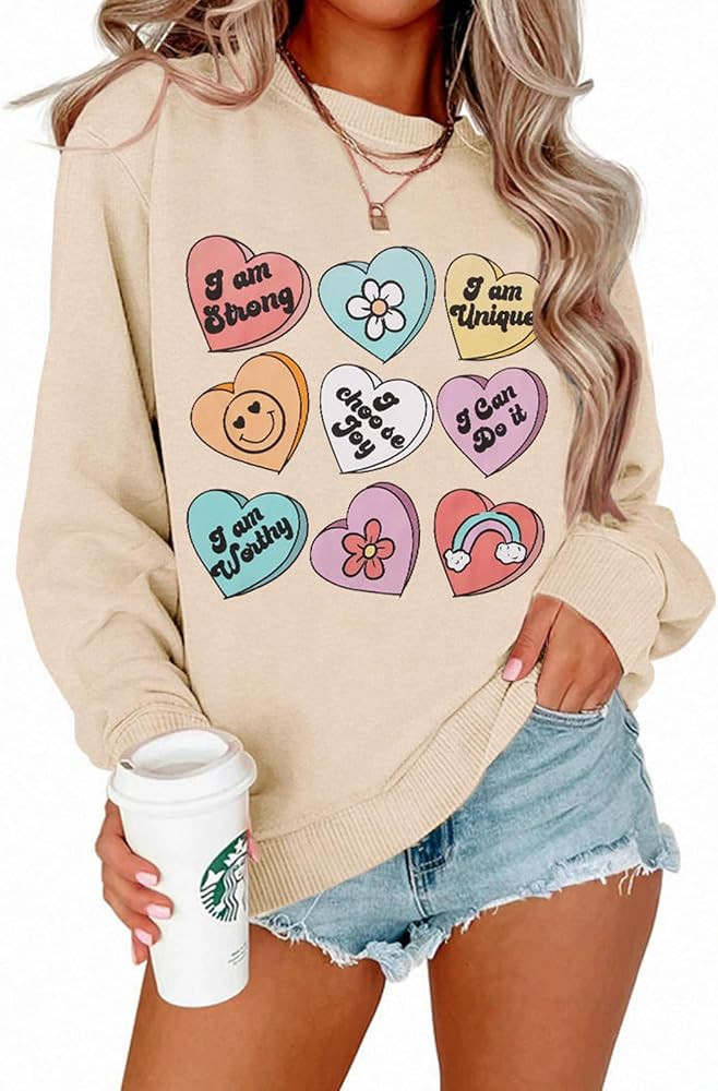 SOFEON Womens Valentine's Day Sweatshirt Heart Print Inspirational Long Sleeve Shirts Crewneck Pu... | Amazon (US)