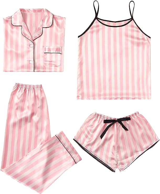 WDIRARA Women's Sleepwear 4pcs Satin Cami with Shirt Pajama Set | Amazon (US)