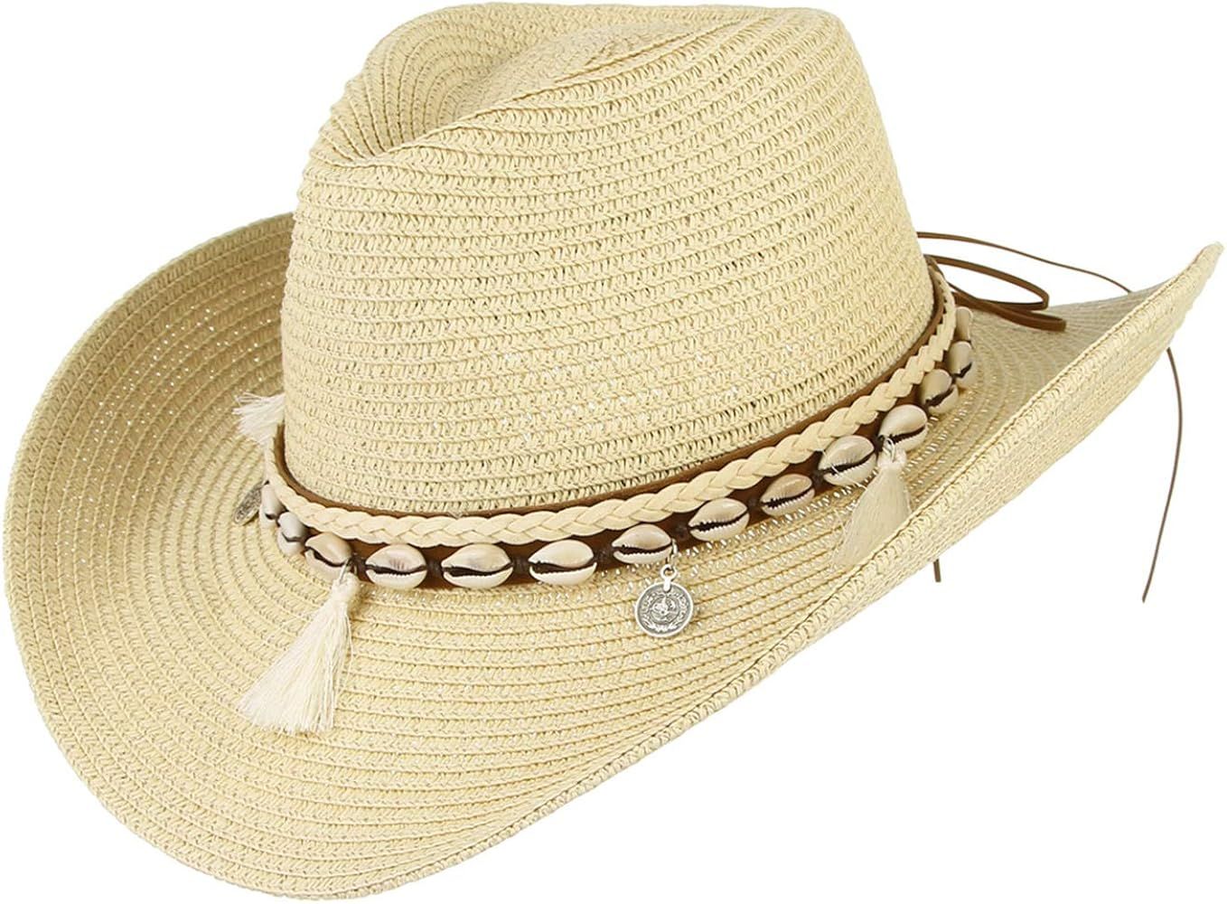 GEMVIE Western Cowgirls Straw Hat Wide Brim Braided Straw Summer Beach Cap with Shell Band | Amazon (US)