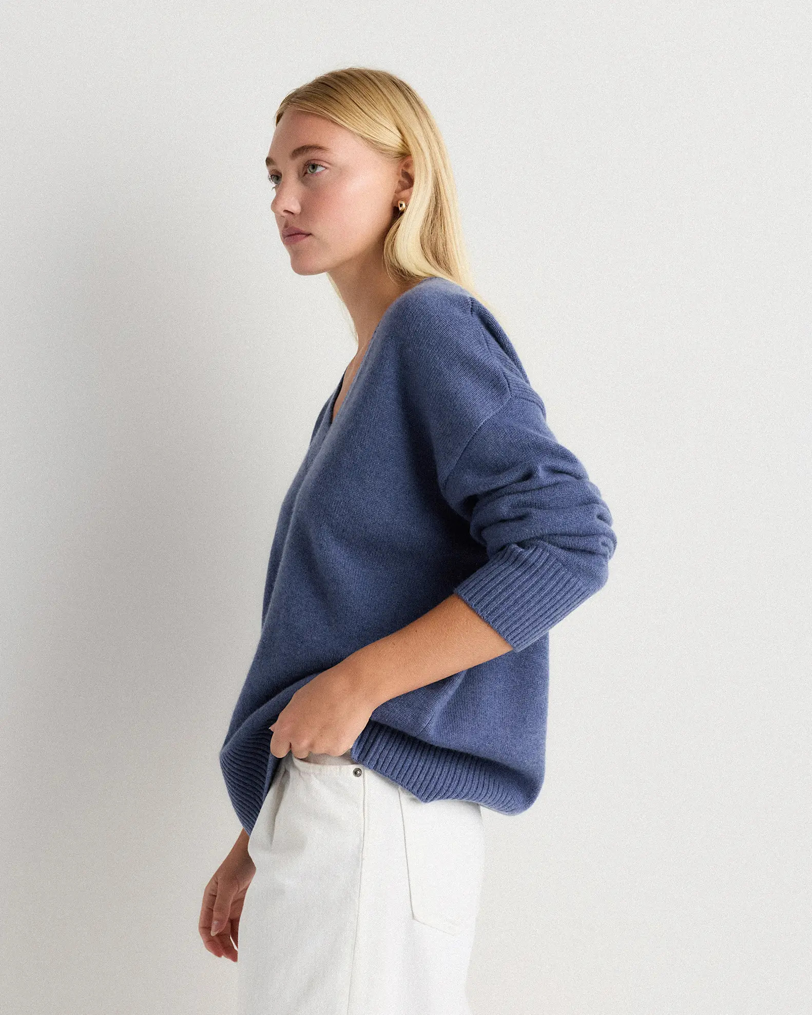 Mongolian Cashmere Oversized V-Neck Sweater	 in Heather Storm Blue | Quince