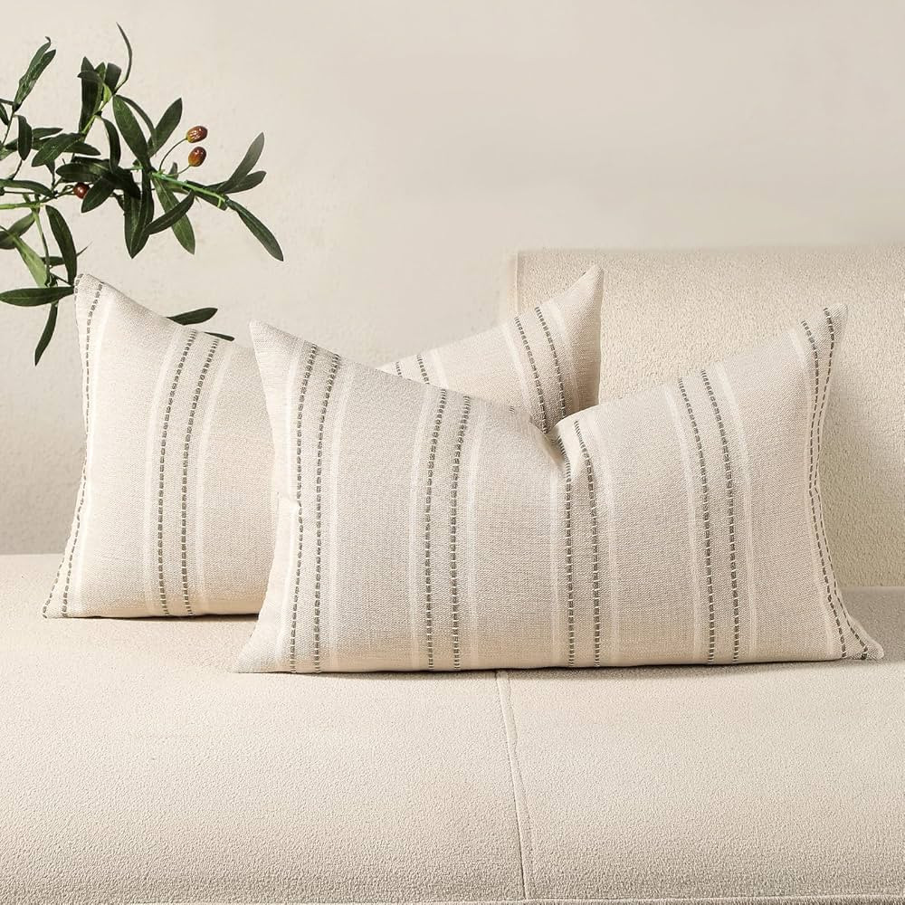 Hckot Throw Pillow Covers 12x20 Set of 2 Striped Pillow Covers Textured Linen Decorative Pillows ... | Amazon (US)